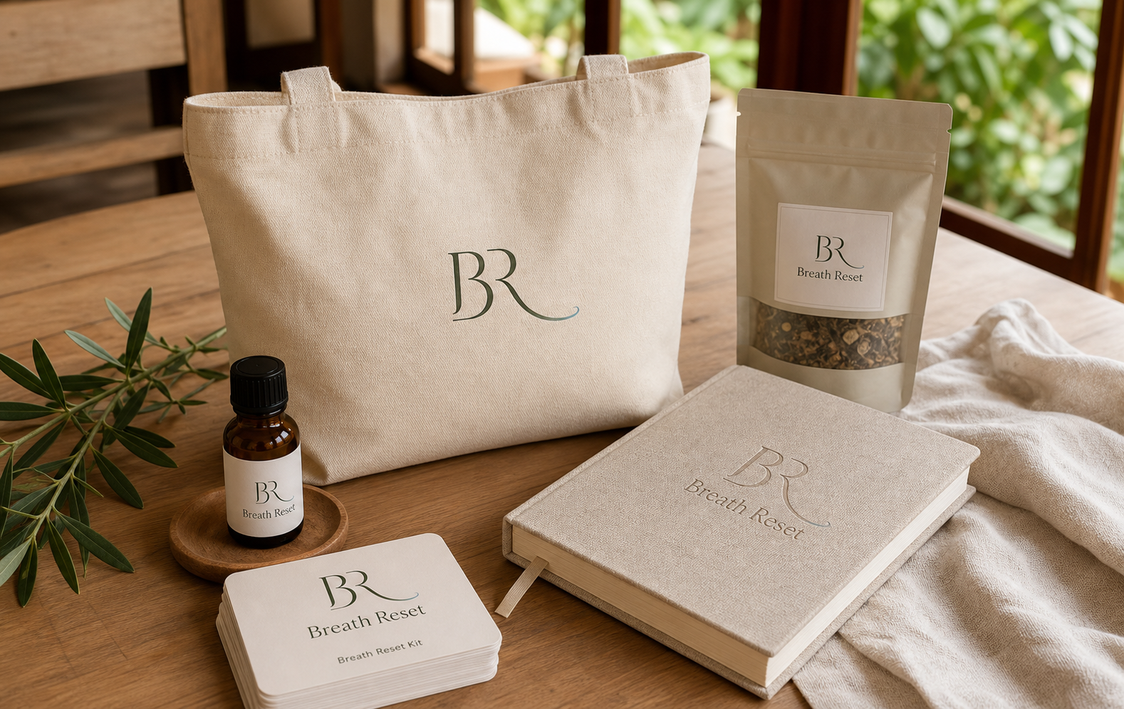 Breath Reset 品牌周邊商品：托特包、呼吸卡、香氛瓶與手帳